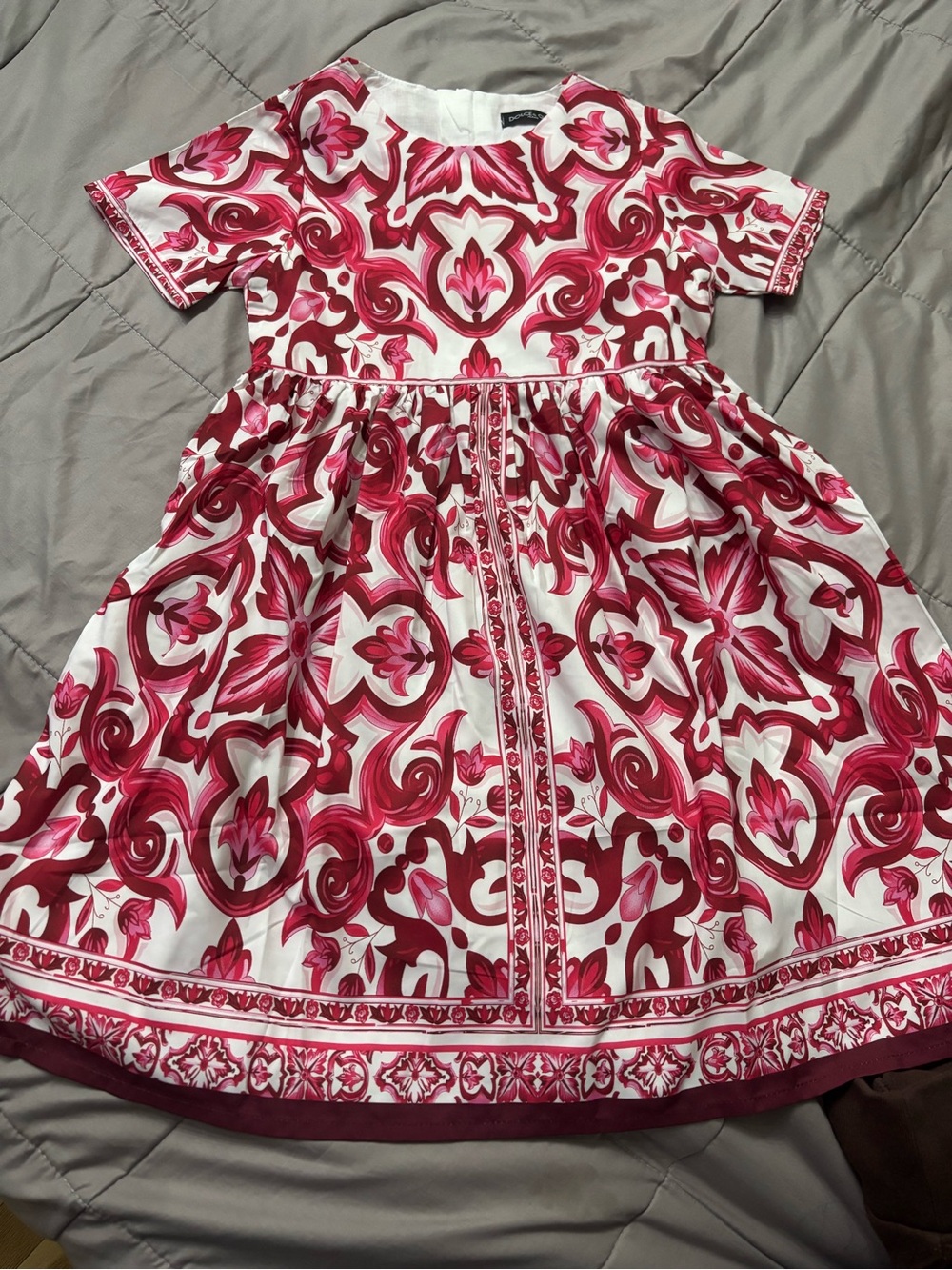 Girls' Pink & White Printed Party Dress